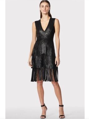 Herve Leger Black Tiered Fringe Midi Dress